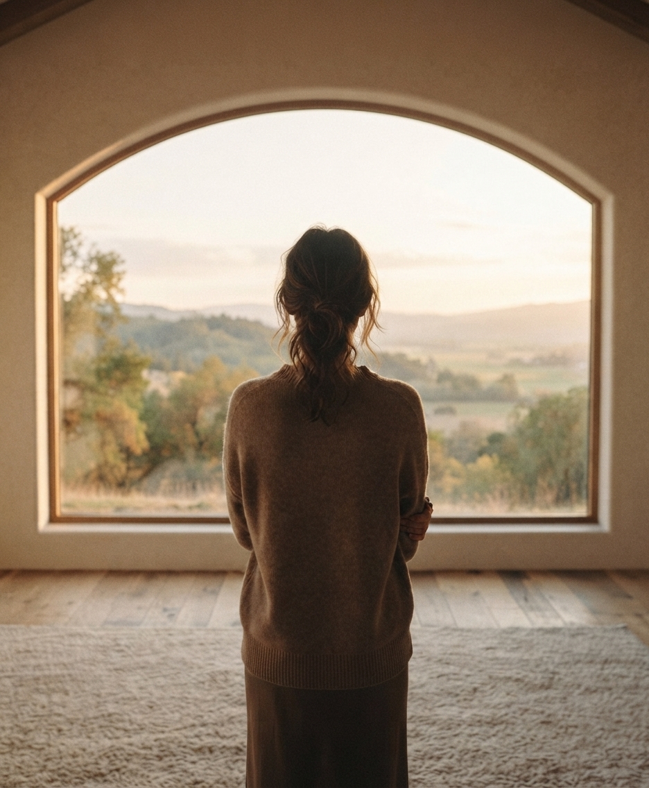 Donna che guarda fuori da una grande finestra luminosa nello studio di psicologia della dott.ssa Ambra Piliu a Sassari, simbolo di consapevolezza e ritrovato equilibrio interiore.
