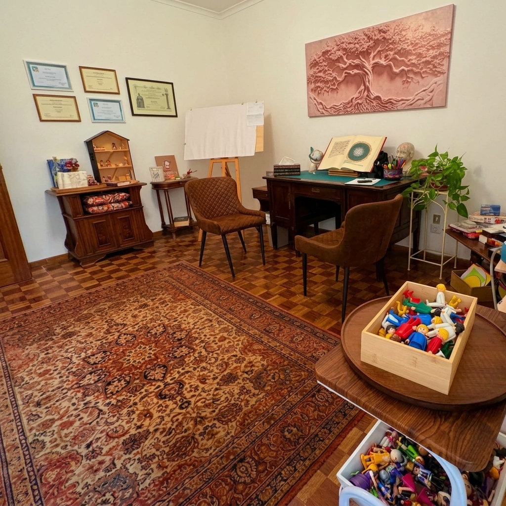Studio di psicologia e counseling della Dott.ssa Ambra Piliu a Sassari, con scrivania in legno, poltrone confortevoli e ambiente accogliente