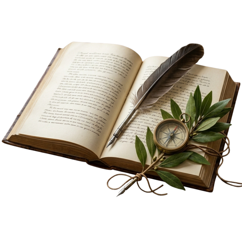Elemento decorativo con libro aperto, penna d
