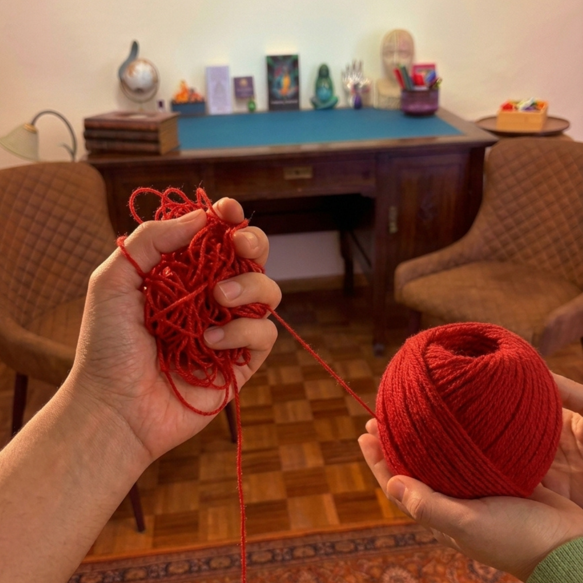 Dott.ssa Ambra Piliu psicologa Sassari - Matassa di filo rosso ingarbugliata che si trasforma in un gomitolo ordinato nello studio di psicologia